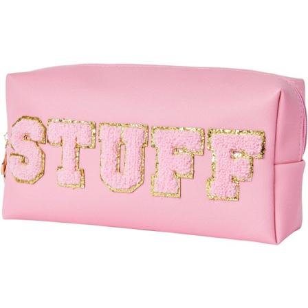 Extra stor Stuff Bag Preppy Patch Resväska Varsity Letter Makeup Väskor för tonårsflickor Bulk Pu Läder Vattentät Bärbar Kosmetisk Väska (Rosa)