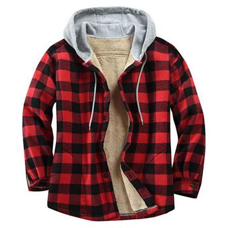 Män Rutig Långärmad Sherpa Hoodie Button Up Tjock Skjorta Jacka