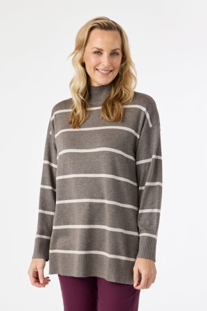 JENSEN - Langærmet Strik - Beige / Kolde Brun - Stribet