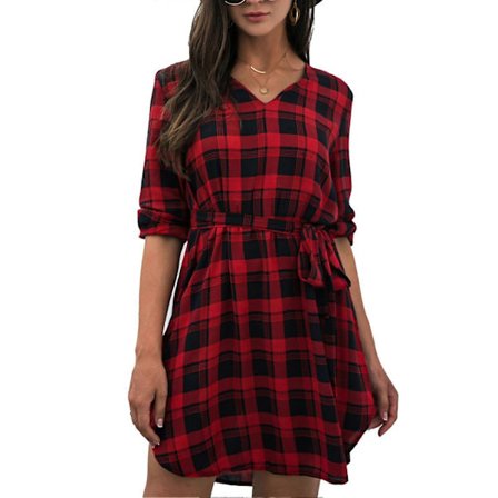 Damekjole Én Del V-hals Langermet Rutete Trykk Knyte Midje for Høst Vinter