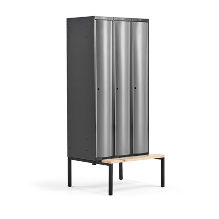 Kleiderspind CURVE mit Sitzbank, 3 Module/1 Tür, 2120 x 900 x 550 mm, Silbergrau