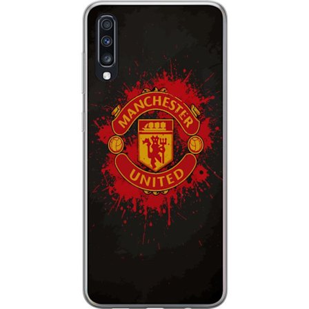 Kompatibelt Mobildeksel til Samsung Samsung Galaxy A70 Manchester United logo i rød og gul farge med røff sportslig bakgrunn