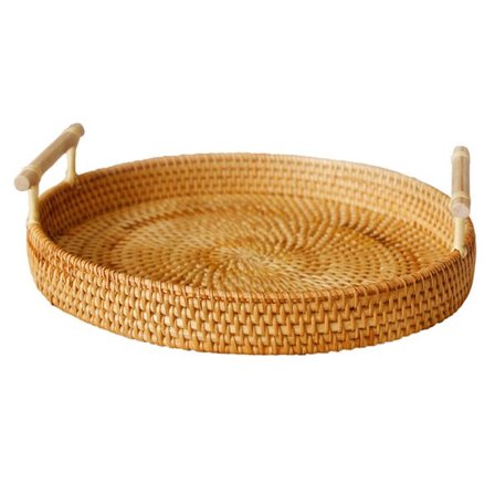 Håndvævet rund flettet serveringsbakke brødfrugt dessert snack kurv med håndtag diameter 28cm højde 4cm
