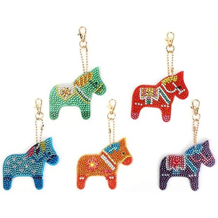 5 stk. 5D DIY diamantmaleri nøgleringe med heste mønster,Rh