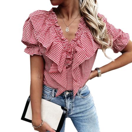 Dam T-shirt Rutig Rufsig Summer Puff Sleeve V-ringad Kort Topp