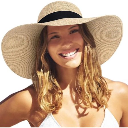 Solhatt for kvinner, bredbremmet stråhatt Upf 50 sommerhatt, sammenleggbar, rullbar, floppy strandhatt