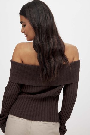 NA-KD Schulterfreier Ripp-Strickpullover - Pullover - Braun - Large (EU 42-44)
