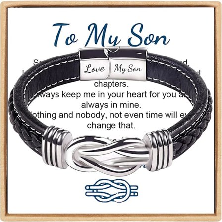 Armband till Min Son, För Alltid Förenade Tillsammans Flätad Läderarmband, Rostfritt Stål Magnetiskt Spänne Läderknut Manschett Armband, Tillbaka Till