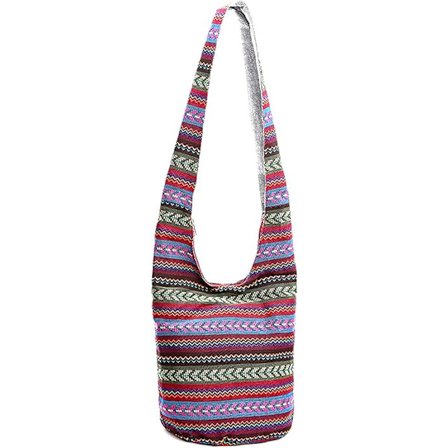 Skuldertaske til Kvinder, Boheme Canvas Thai Håndlavet Crossbody Taske, Etnisk Stil Store Håndtasker (Vinrød)