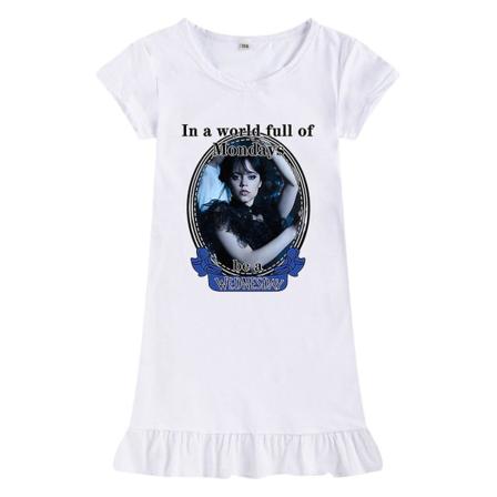 Barnflickor Wednesday Addams Tryckt Addams Familj Tema Sovklänning Kortärmad Sommar Rundhalslös Lös white 140