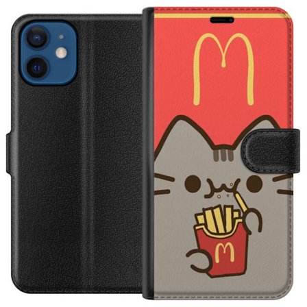 Kompatibelt Lommeboketui til Apple iPhone 12 Pusheen-katt som spiser McDonald's-inspirerte pommes frites - søtt og humoristisk motiv i varm fargepalet