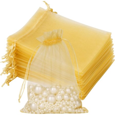 Gull Organza Gaveposer - 13x18 CM Medium Organza Favorittposer, 100 STK Bryllupssmykkeposer - Klare Mesh-poser for Bryllup