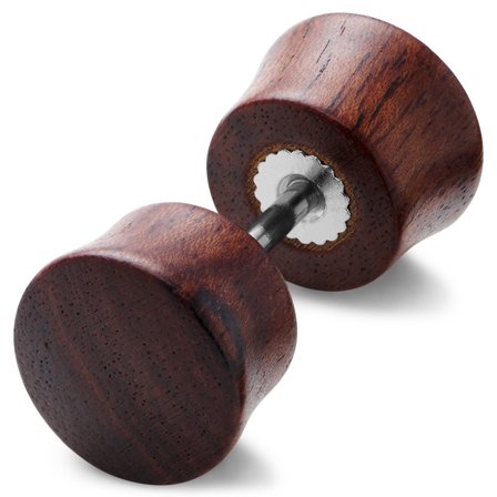 Satago | Pendiente falso plug con doble acampanado de acero inoxidable y madera de roble rojo de 8 mm para hombres - Pendientes con cierre a presión