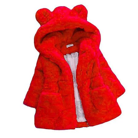 Kid Girl Fluffig fuskpäls Huvkappa Fleecejacka Winter Warm Outwear_x Red