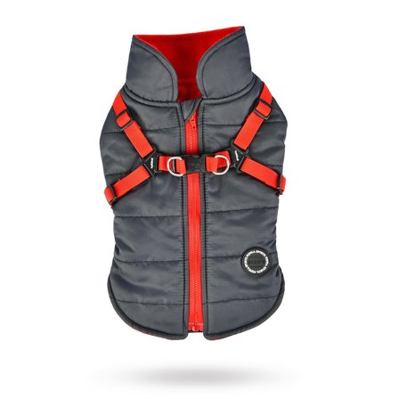 Puppia - Mountaineer II Grey - Fodrat Hundtäcke med Integrerad Sele - Hundsele
