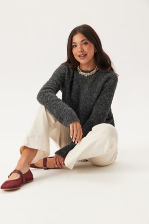 Bubbleroom - Knitted Bouclé Sweater - Dark grey melange - Kläder