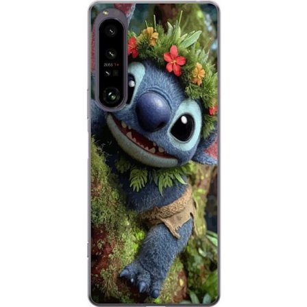Kompatibelt Mobildeksel til Sony Sony Xperia 1 IV Glad blå fantasiskapning med blomsterkrans klatrer lekent i trær, lekent naturmotiv med eventyrfø