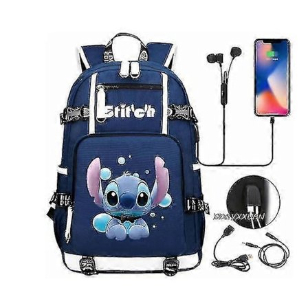 Lilo og Stitch skolesekk kapasitet ryggsekk gutter og jenter USB-lading reise stor laptop college student skolesekk skolesekk