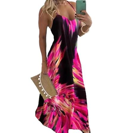 Oversized Damer Flame Print Long Dress Robe Sexig Spaghetti Stra