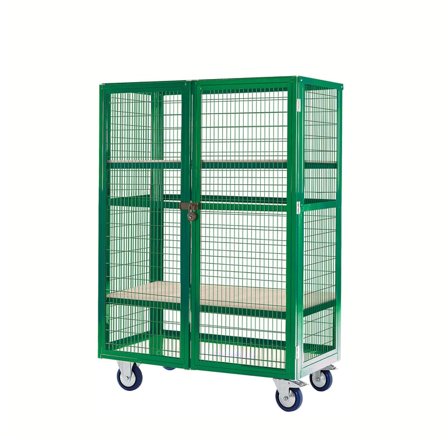 Mobile storage cage, plywood shelves, 1655x900x600 mm, green