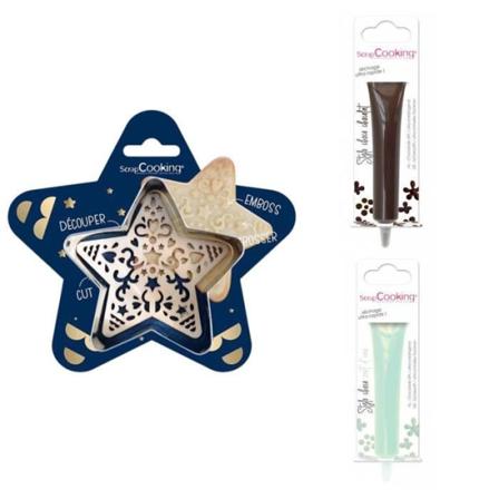 Kit för präglad kakstjärna + 2 bruna och vattengröna chokladpennor