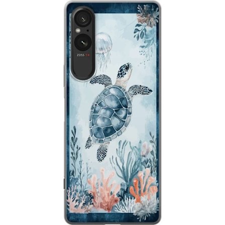 Yhteensopiva Puhelinkuori Sony Xperia 10 VI Akvarellimaalaus merikilpikonna korallien ja meduusojen joukossa rauhallisessa sinisessä vedenalaisessa m