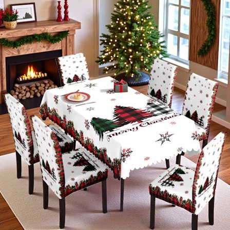 7-delt Julemønstret Stoltrekk for Spisestuestoler, Vanntett Duk og Stolsett, Julestoltrekk og Duk (6 Stoltrekk + 1 Duk)