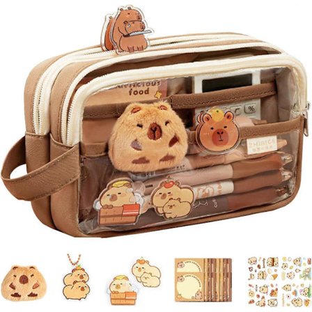 Sødt Capybara Penalhus og Taske | Transparent Penalhus med Rum | Blød Tegneserie Papirpose til Børn