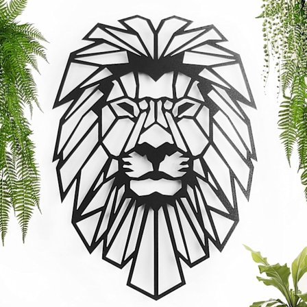 Metaldekoration. Løve. Flydende vægskulptur, med skygger, i stål. (30x25cm.)