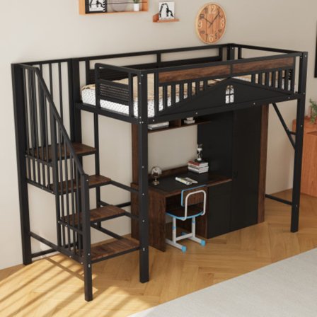 Loftsäng i metall 90 x 200 cm, unikt säkerhetsräcke med fönster, med säkerhetsstege, med förvaring, svart