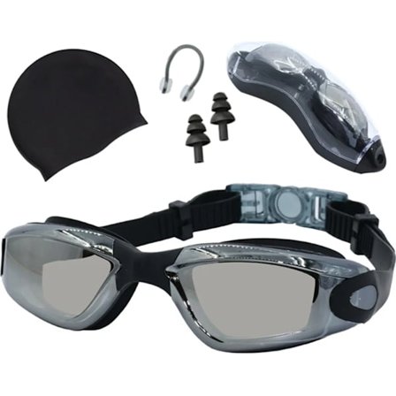 Svømmebriller, anti-dug svømmebriller med UV-beskyttende linser, ingen lækage til voksne, mænd, kvinder og børn (sort)