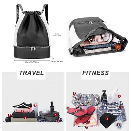 Gymnastiktaske med snøre, vandtæt rygsæk med skorum og vådrum, stor sportstaske - sort