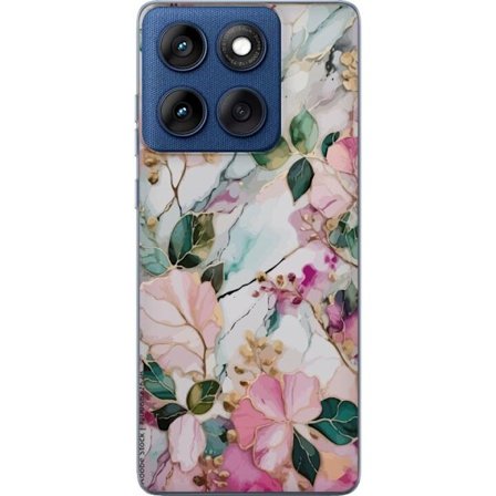 Kompatibel Mobilcover til Motorola Edge 60 Abstrakt marmormønster med blomster, blade og gyldne detaljer i bløde pastelfarver