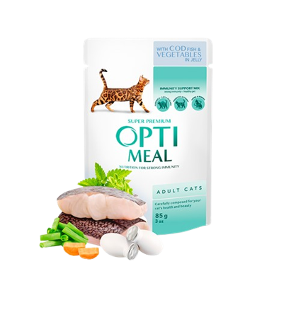 Optimeal - Cat Adult with Cod Fish and Veggies in Jelly 12 x 85 g - Katt - Kattefôr & kattemat - Våtfôr og våtmat - ZOO.no