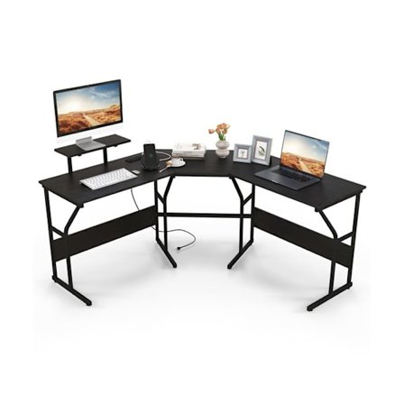 COSTWAY L-format hörnskrivbord med eluttag för 2 personer, avtagbart bildskärmsställ, svart