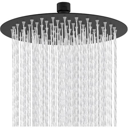 8-tommers rundt fast dusjhode, dusjhode i rustfritt stål, svart, 180° roterende, kraftig høytrykksspredning