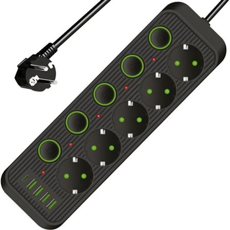 2500W Grenuttag, BYONDSELF , Eluttag med 5 individuella strömbrytare, 5 uttag, 4 USB, 1 Type-C, 2m kabel