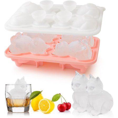 3D Kat Isterningeform Silikone Stor Isterningebakke med Låg til Cocktail Whiskey Bourbon, Sjove Former Isterningebakker til Fryser, Store Isforme Sød 