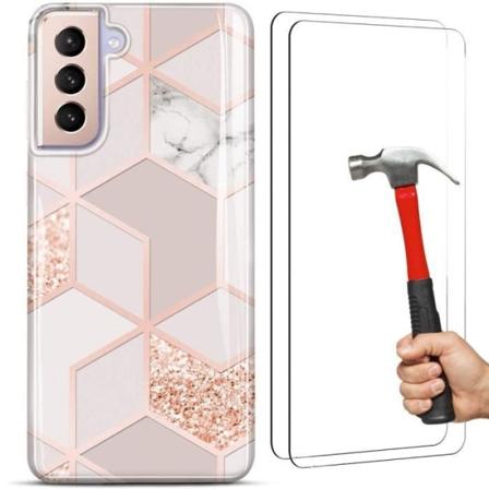 Etui + 2 hærdede briller til Samsung Galaxy S21, slankt elegant stødsikkert etui i lyserød marmormønster Rosa