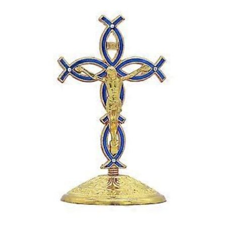 Seisova Risti Figuriini Pöytäkoriste Taide Käsityö Keräily Ristipatsas Jeesus Krusifiksi Patsas Takalle Hyllylle Toimistoon (Kulta Sininen) [qb]