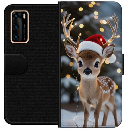 Huawei P40 Lommeboketui Søt reinsdyr med nisselue og lyslenke jule reinsdyr søt vinter festlig kawaii ferie snødekket koselig kunst