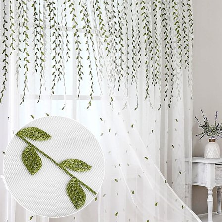 2024 Broderte gjennomsiktige gardiner for stue 1 panel, naturlig brodert grønt blad Voile blonder gjennomsiktig