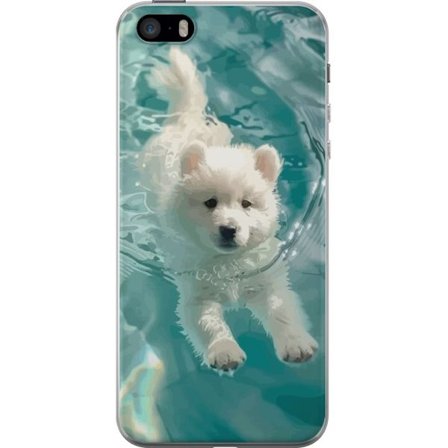 Kompatibelt Mobildeksel til Apple Apple iPhone SE (2016) Nydelig valp som svømmer i bassengvann, hvit valp på blå turkis bakgrunn, sommerillustrasj