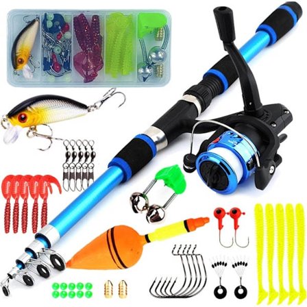 Fiskesæt til børn, 1,8 m bærbar teleskopisk fiskestang og hjulkombinationer og line med komplette sæt Komplet fisketilbehørssæt