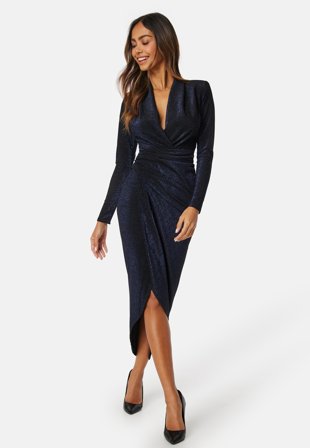 John Zack Glitter Long Sleeve Rouch Dress Navy Klær
