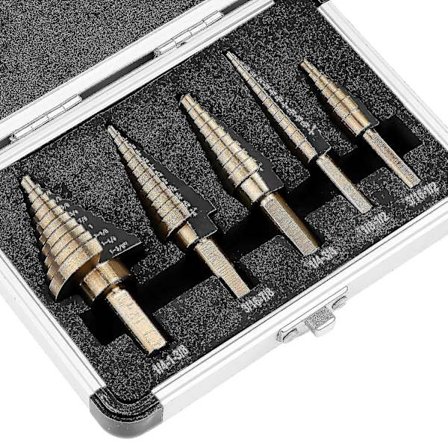 Sats med 5 HSS-stegade koniska borr, dubbelskurna, för trä, rostfritt stål, plåt