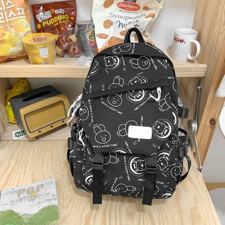 Student skolväska dam skolväska söt graffiti mellanstadiet gymnasium student stor kapacitet reseryggsäck mode ryggsäck-svart