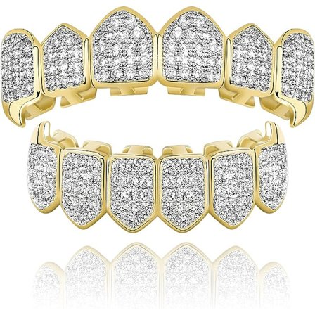 Diamanter Griller for Dine Tenner Kvinner 18K Gullbelagt Helt Iset Ut CZ Vampyr Topp og Bunn Ansikt Munn Menn med Ekstra Formingsstenger Cosplay 