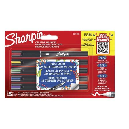 SHARPIE Creative Marker Acrylic Paint Markers Water-Based Brush Tip Assorted Colours (Pack 5) - 2201182