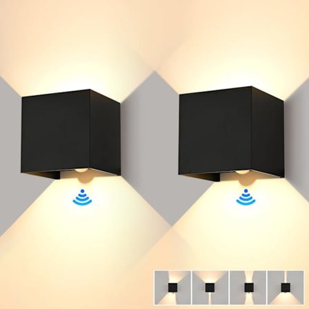 2-pack 12W LED-vegglamper innendørs/utendørs, 3000K varmhvit, IP65, bevegelsessensor, justerbar lysvinkel